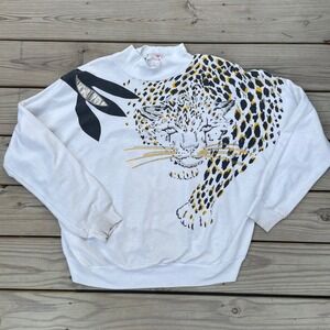 Vintage Knit Away Leopard Graphic Sweatshirt White Mock Neck Glitter Plus Kitsch